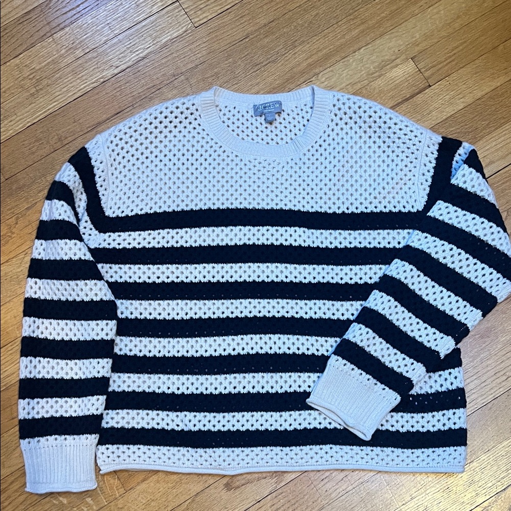 NWOT JCrew Cashmere Navy and Off White Striped Crewneck Sweater Size large